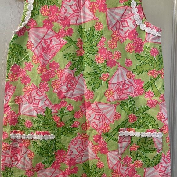 Lilly Pulitzer Shift Dress Palm Trees Floral Tents Pink Green Girls Size 5 - Picture 3 of 15